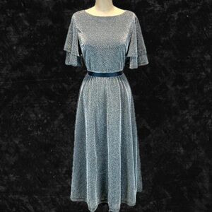 Sparkly silver glittery midi dress tulip butterfly flutter sleeves formal‎ dance